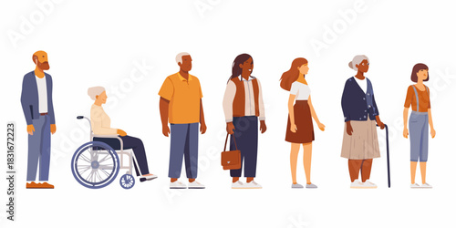 Diverse group of people standing side by side representing different ages and abilities