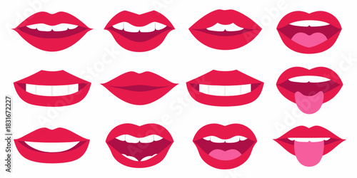 Set of red lips with different expressions and teeth on white background