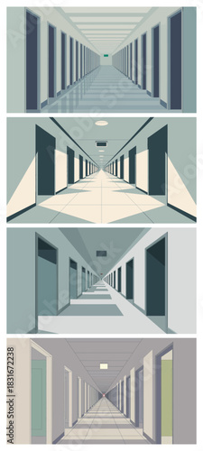 Liminal Hallway Perspectives with Geometric Patterns and Symmetry