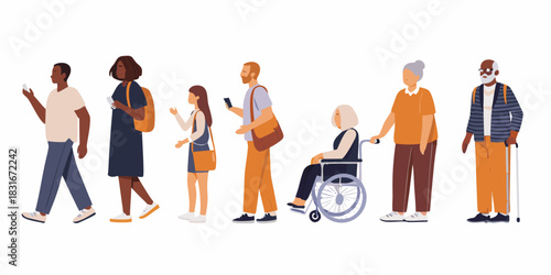 Diverse group of people walking using phones and in wheelchair
