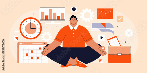 Man meditating in lotus position surrounded by business and productivity icons