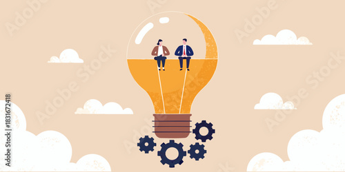 Business people in a light bulb with gears representing innovation and teamwork