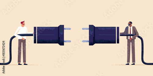 Connecting the dots two businessmen connecting oversized electrical plugs together