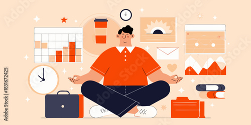 Man meditating amidst work items for stress relief and productivity