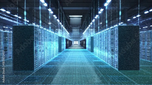 Hyperscale Data Center Corridor as  Holographic Grids, Fiber Streams, Digital Particles Animate Server Racks, Data Processing, Cybersecurity Monitoring, Network Infrastructure Analytics.