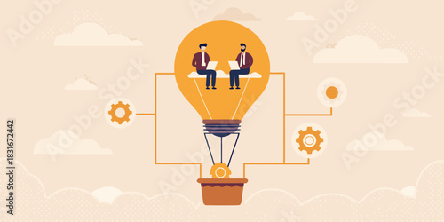 Businessmen developing ideas together in a lightbulb hot air balloon illustration