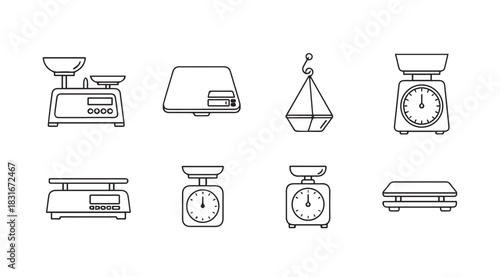 Collection of various kitchen weighing scales and balances silhouette
