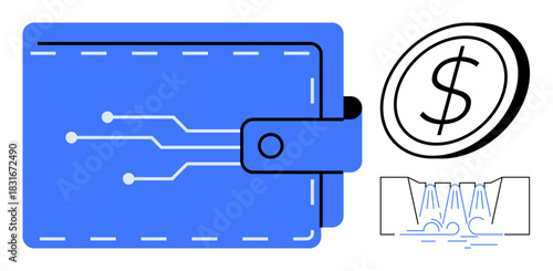 Blue digital wallet with circuit design, large coin icon, and payment system diagram. Ideal for fintech, online payment, e-wallets, blockchain, cryptocurrency finance and technology. A simple flat