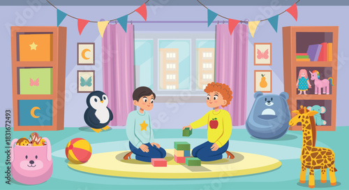 Children playing with toys in the children's room. The children's room features calm pastel colors, cartoonish style.