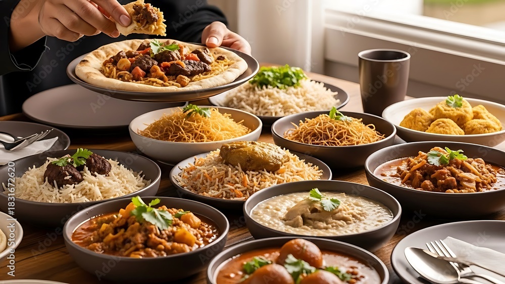 Obraz premium Delicious Middle Eastern Feast: Variety of Dishes on Table
