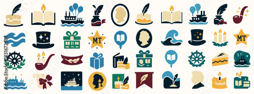 Mark Twain's Birthday Icons with Nautical, Writing, and Literary Symbols