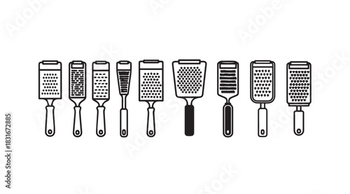Collection of kitchen graters and shredders in a simple black and white silhouette style