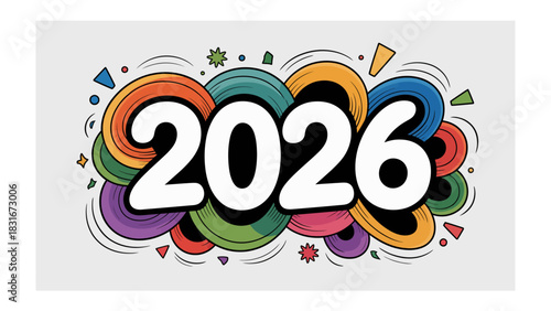 Year 2026: An illustrated depiction of the year 2026 in bold, modern typography, surrounded by vibrant, swirling graphic elements that capture the excitement and anticipation of the future.