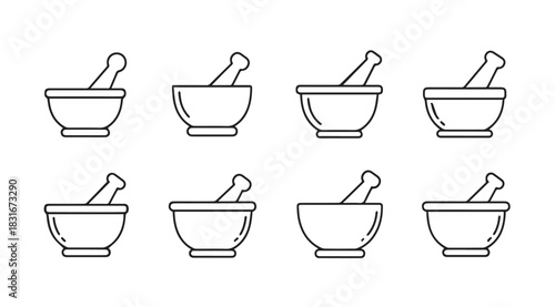 Collection of eight mortar and pestle icons in a simple line drawing silhouette style