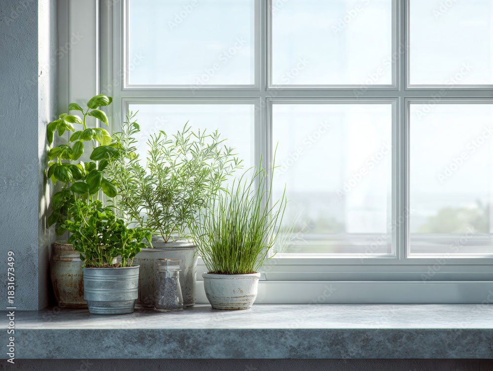 Fototapeta premium Potted Plants on Kitchen Windowsill