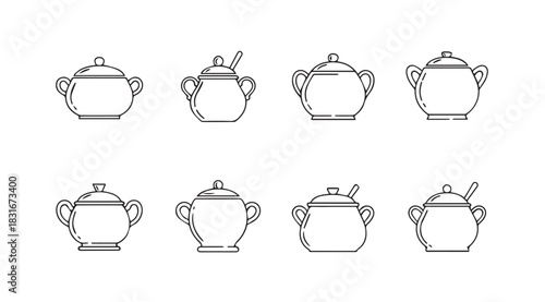 Collection of eight hand drawn antique sugar bowls and jars in silhouette style