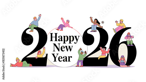 Happy New Year: Illustrative Concept: A vibrant celebratory illustration depicts individuals of varied backgrounds enjoying the joyful experience of the New Year.