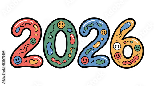Vibrant Year 2026: An eye-catching illustration showcases the year 2026, creatively designed with playful colors, whimsical shapes, and cheerful emoticons, representing a joyful future.