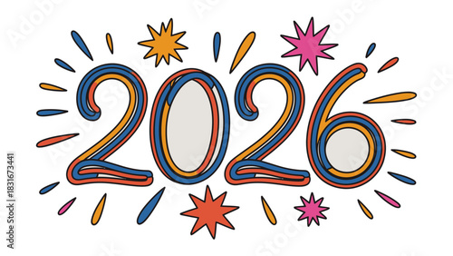 New Year 2026: An illustration showcases the vibrant year 2026, embellished with festive burst elements, projecting a sense of anticipation and optimism for the upcoming year.