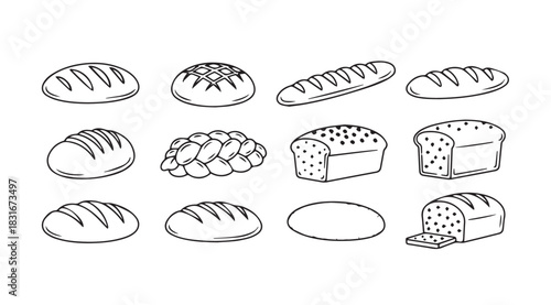 Collection of various types of bread loaves in a simple line art silhouette style
