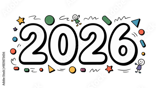 New Year 2026: A playful illustration of the year 2026, surrounded by colorful doodles and cheerful stick figures, embodying the anticipation and joy of the upcoming year.