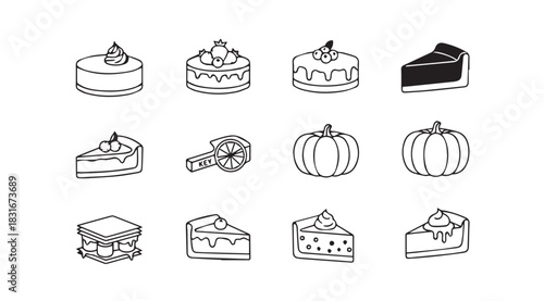 Collection of hand drawn dessert and pumpkin illustrations in a simple silhouette style