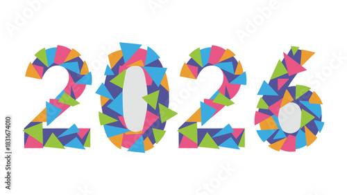 2026: A Colorful Mosaic of the Future: The year 2026 is artistically rendered with a vibrant, mosaic-like design. Filled with colorful triangles, each shape contributes to a bold and playful display.