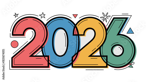Visualizing the future: Vibrant year 2026 illustrated with playful numbers and colors, creating a sense of anticipation and optimism for the upcoming year.