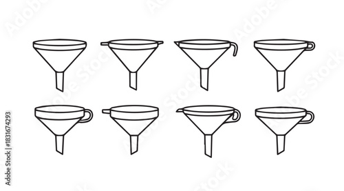 Collection of eight different funnel outlines in a simple silhouette style