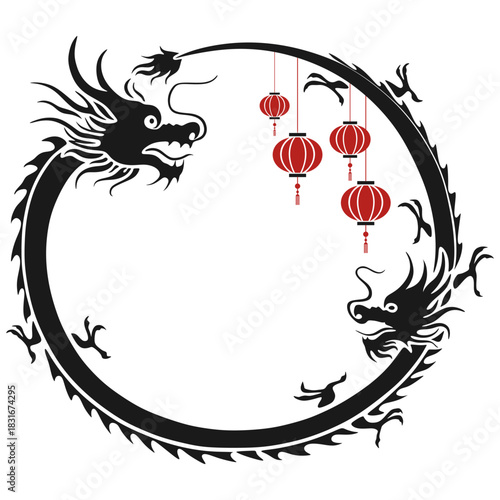 Chinese Dragon Ouroboros Circle with Red Lanterns