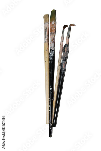 Set of Worn Artist Paintbrushes Isolated on Transparent Background