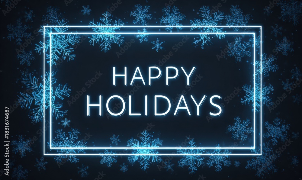 Fototapeta premium A glowing neon sign with the words 'Happy Holidays' surrounded by blue snowflakes on a dark background.