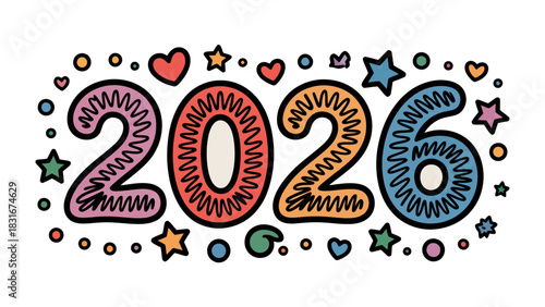 New Year 2026 Celebration: A vibrantly illustrated depiction of the upcoming year, adorned with playful, hand-drawn decorations of hearts, stars, and dots, embodying anticipation and joy.