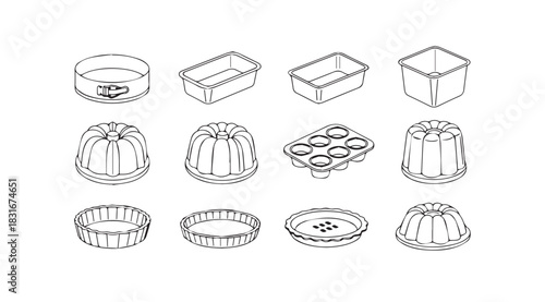 Collection of baking molds and cake tins in a hand drawn sketch silhouette style