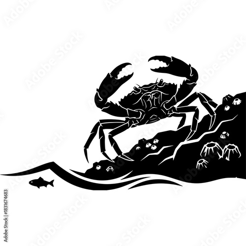 Monochromatic crab on a rocky shore with barnacles, waves, and a fish vector art Vector