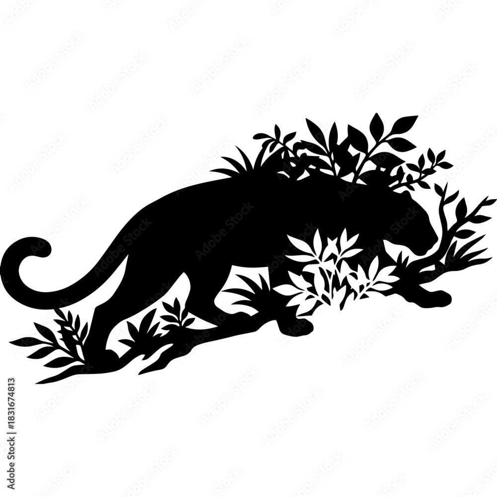 Obraz premium Sleek black jaguar silhouette in wild jungle foliage vector art illustration. Vector
