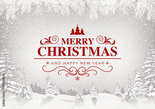 Merry christmas greeting card with white snowy landscape and red lettering - festive illustration with snowfall and wintry decorations, vector