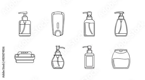 Collection of eight different cosmetic and hygiene product bottle silhouettes silhouette
