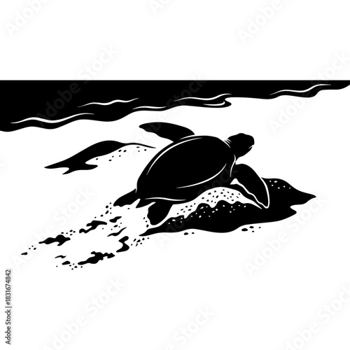 Sea turtle returns to ocean, leaving tracks on sand - wildlife journey Vector