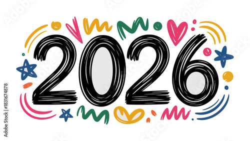Doodle Art 2026: The year 2026 is brought to life with a playful doodle design, filled with swirls, hearts, and stars, exuding a sense of joy and anticipation.
