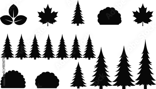 Assortment of Black Silhouette Trees Leaves and Bushes on White Background Keywords: tree silhouette, leaf silhouette, bush