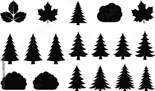 Collection of Black Silhouettes of Trees Leaves and Bushes on White Keywords: tree silhouette, leaf silhouette, bush silhouette