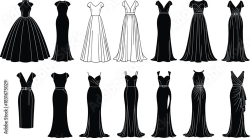 Collection of Elegant Evening Dress and Gown Silhouettes Vector Illustration Set, Including Ballgown, Mermaid, Sheath, and A-Line Styles for Fashion Design and Wedding Planning Templates