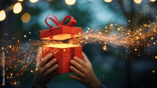 Child unwraps a magical red gift box, unleashing golden sparkles and light