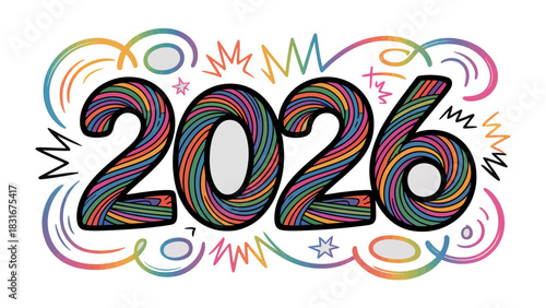 Year 2026: The vibrant year 2026 is boldly displayed with a riot of colors and playful lines, the image evokes a sense of anticipation and hope for the future.