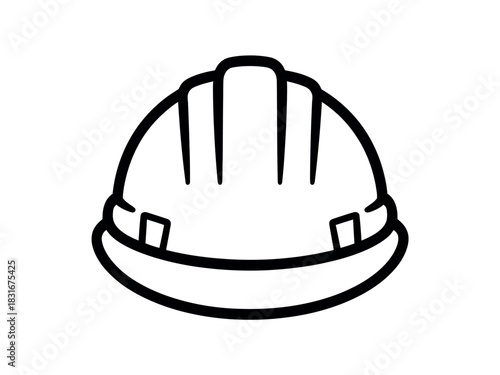 A simple black and white line drawing of a classic hard hat used for industrial safety is shown against a white background.