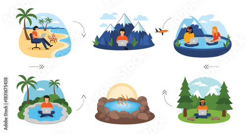 Set of six scenes illustrating the digital nomad lifestyle, with people working on laptops at the beach, in the mountains, and at a spa.