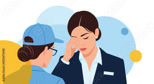 A stressed businesswoman pinches the bridge of her nose in exhaustion while a colleague in a blue cap offers her support and comfort.