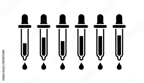 A line of six droppers, each with a drop of liquid falling, symbolizing scientific measurement and analysis.