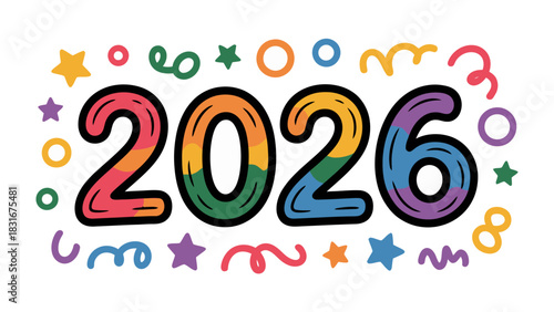 Celebration of 2026: A vibrant and colorful display showcases the year 2026 with a lively array of festive decorations. Capturing the spirit of anticipation and celebration.